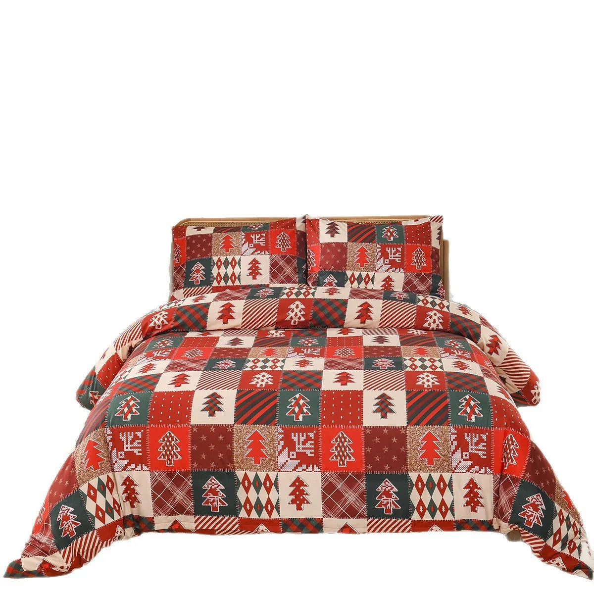 Christmas red plaid pattern bedding three-piece set showing duvet cover and pillowcases