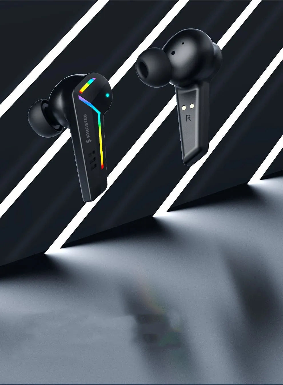 Black TWS Bluetooth gaming headset with low latency and NFC pairing features