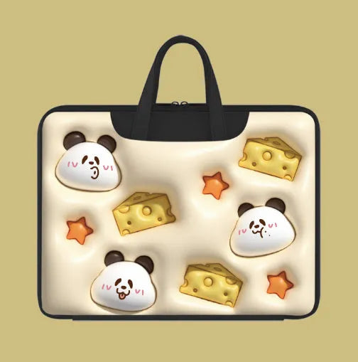 Inflatable grey laptop bag with a cute panda design, showing the inflation valve and back strap for attaching to suitcase handle.