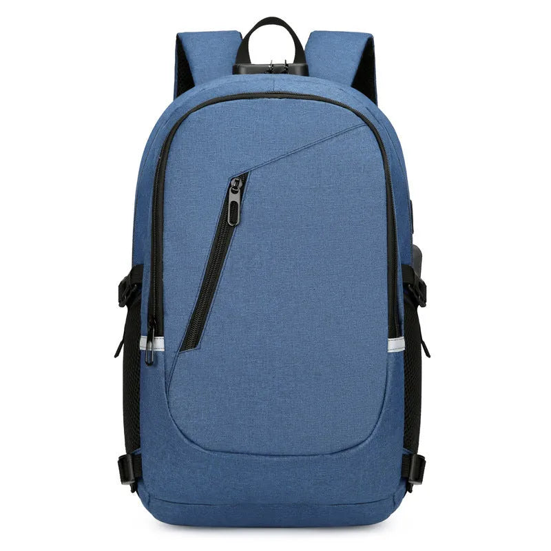 Blue Oxford cloth computer backpack with front pocket, shown next to grey and black colour options.
