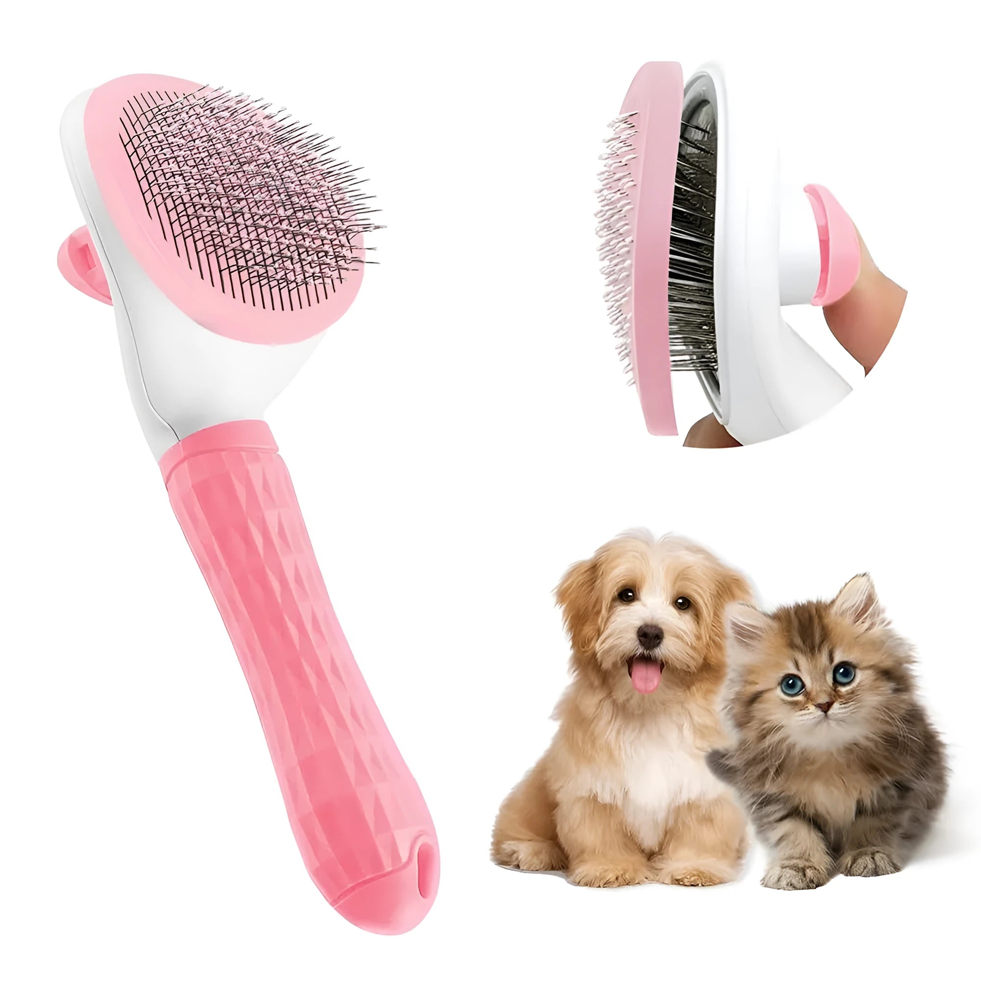 Blue, grey, and pink cat brush with a release button and fine wire bristles for removing loose fur.