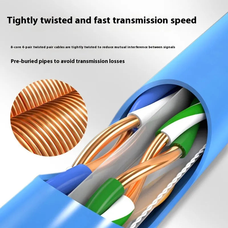 A blue reel of Cat 6a Ethernet cable with oxygen-free copper core, labelled 305 metres and 10Gb/s.