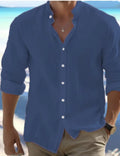 Men's long-staple cotton summer beach shirt in light grey with button front and casual pullover style