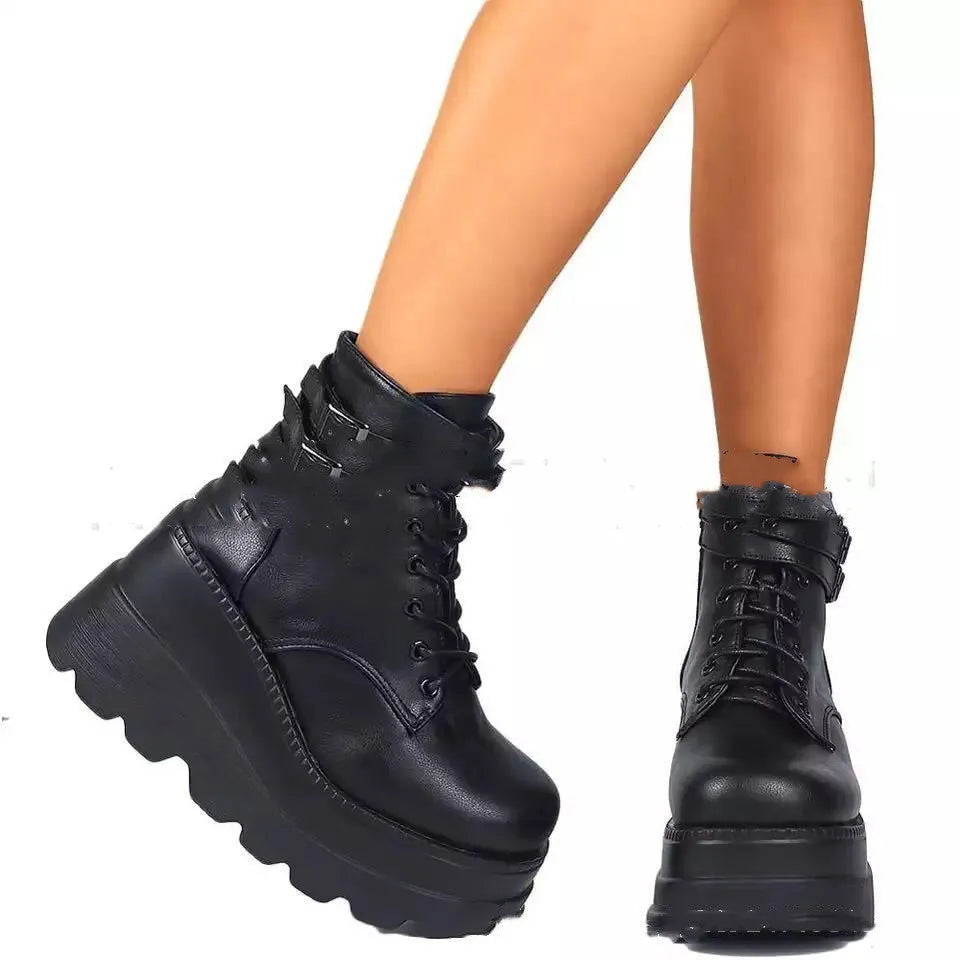 Women winter platform boots in black with front tie lace-up and genuine leather upper