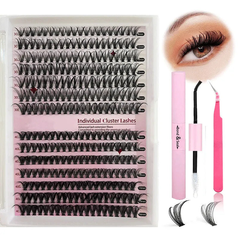 Mixed package of DIY 30D and 40D cluster false eyelashes ranging from 9mm to 16mm with tweezers