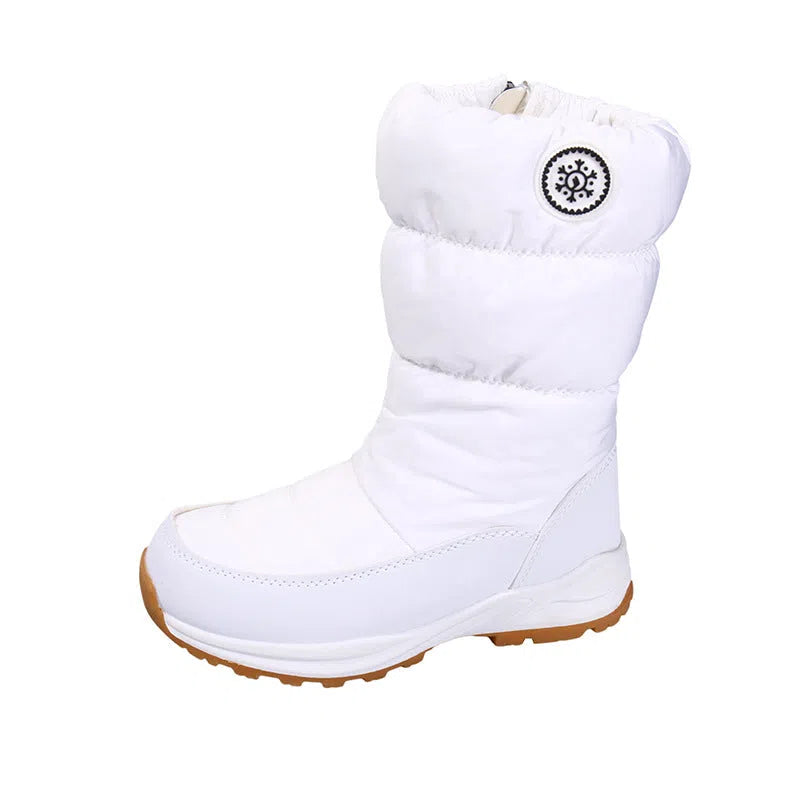 Women’s thickened cotton mid-calf snow boots with side zipper and chunky heel in black waterproof silk upper