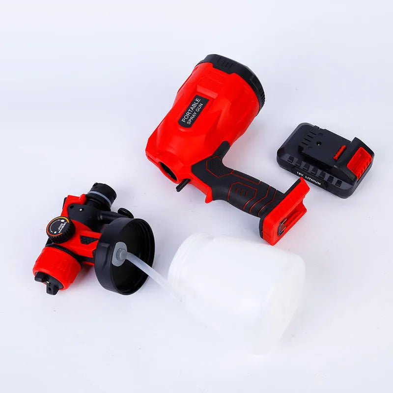 Blue cordless paint spraying machine with a large fluid tank and a detailed nozzle.