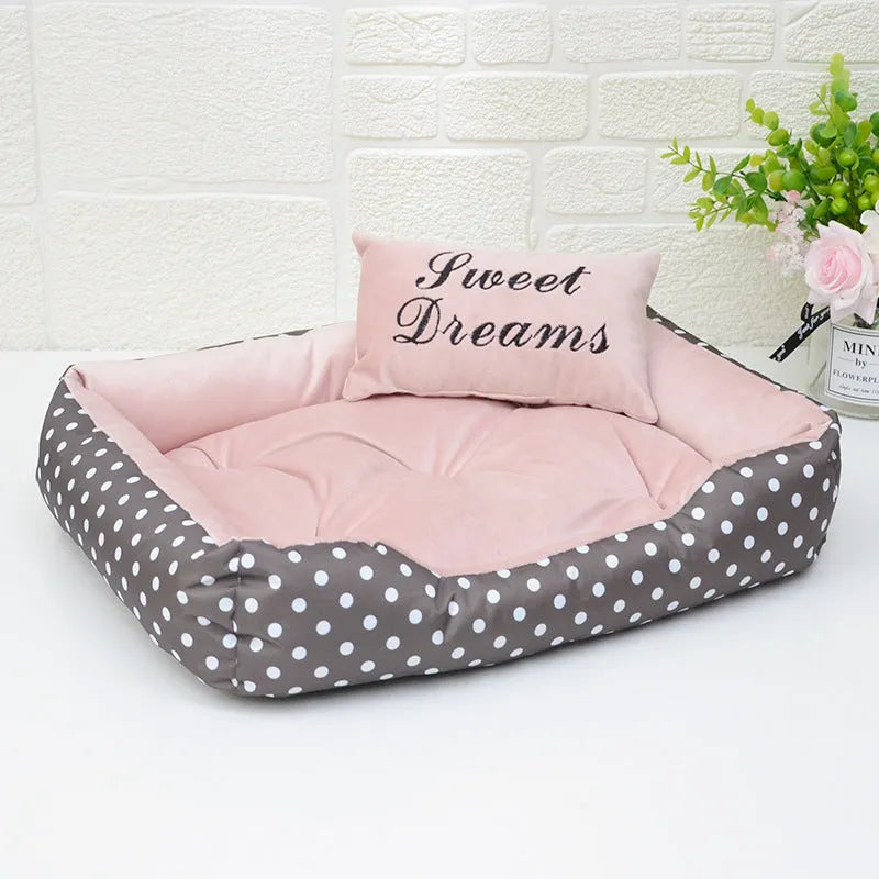 Polka dot printed small dog bed with removable square pillow in grey with matching embroidery