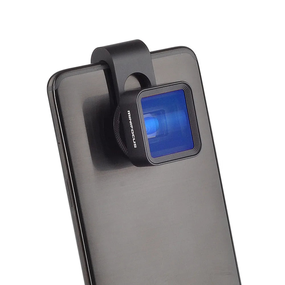 Black 1.33X anamorphic lens on aluminium clip for smartphone filmmaking with 2.4:1 widescreen ratio