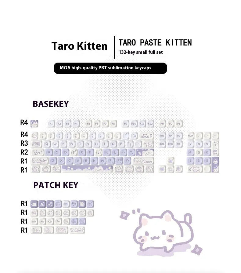Sublimation PBT key cap set for Wooting magnetic shaft keyboards, showing Taro Kitten Moa design on a dark background
