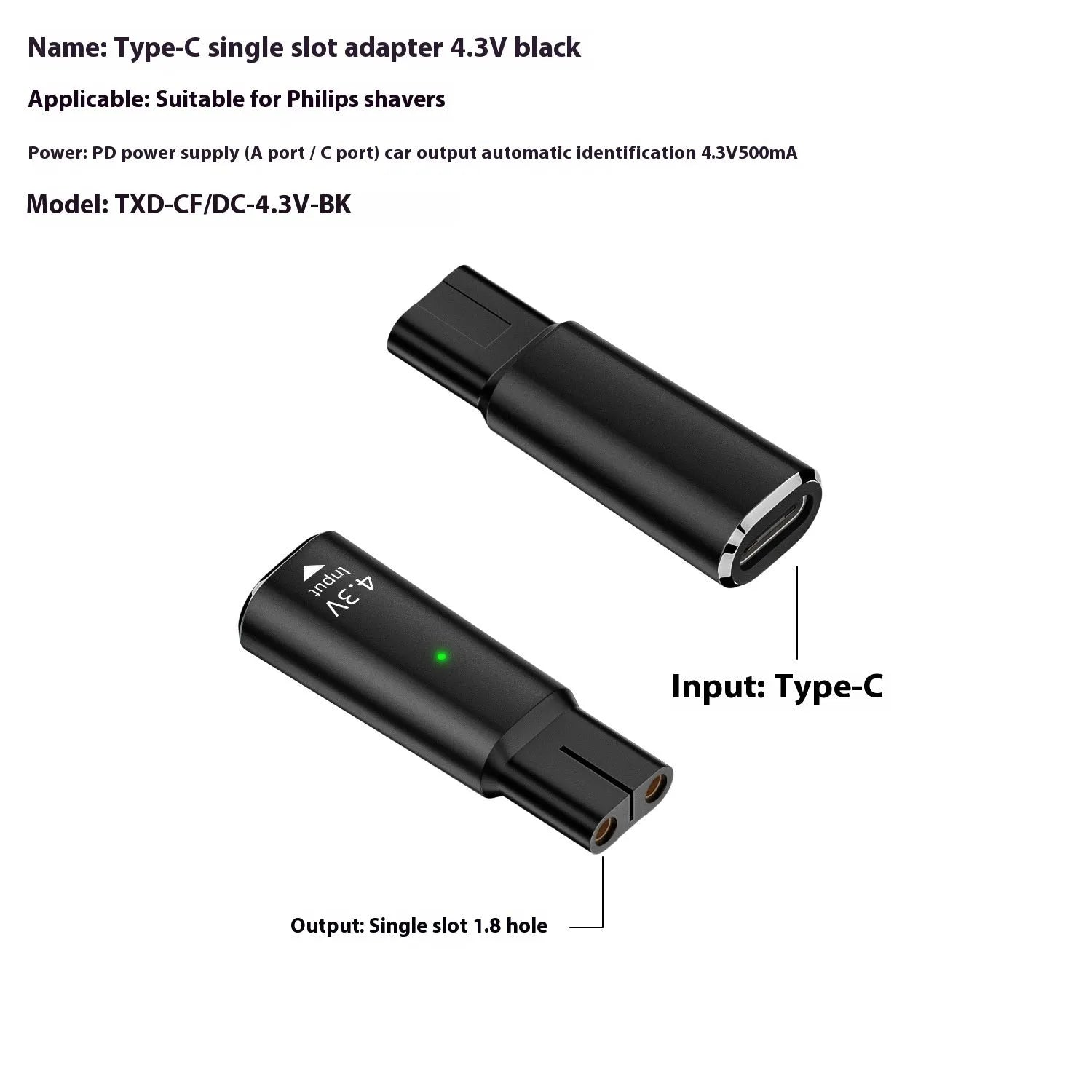 Black USB-C charging adapter for electric shavers with aluminium alloy case and 4.3V 8W output.