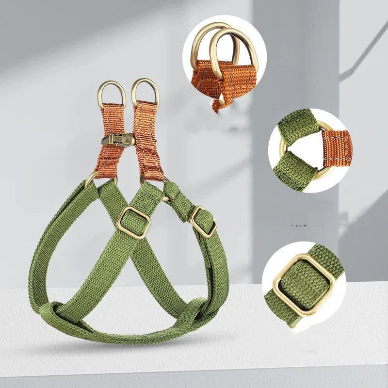 Brown vest-style dog leash harness on small dog showing cotton nylon construction and alloy fastener