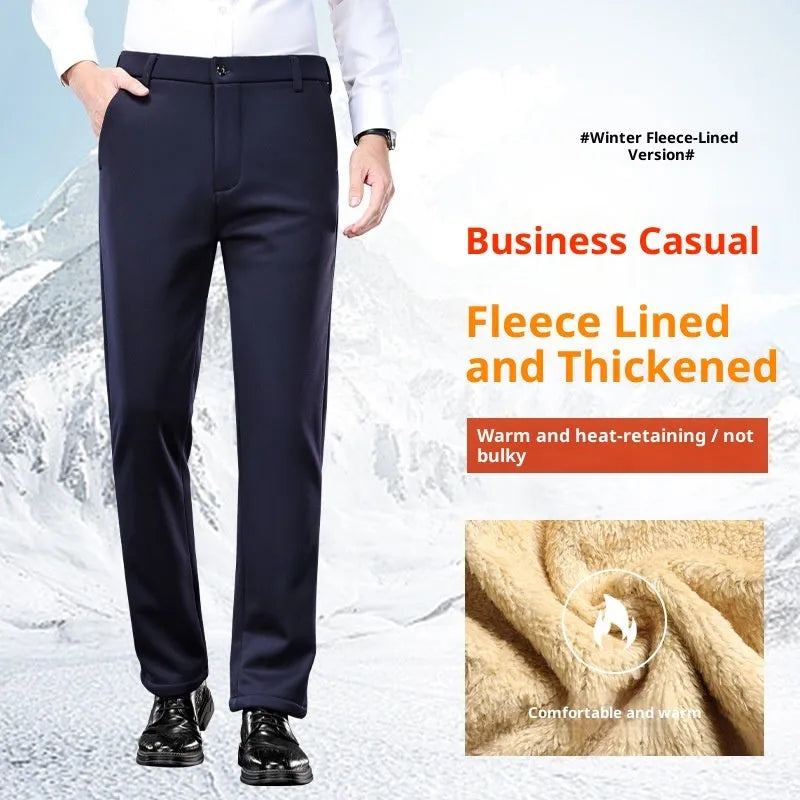 Pair of casual thermal long pants for elderly men in lamb wool black with rope closure and polyester-spandex fabric