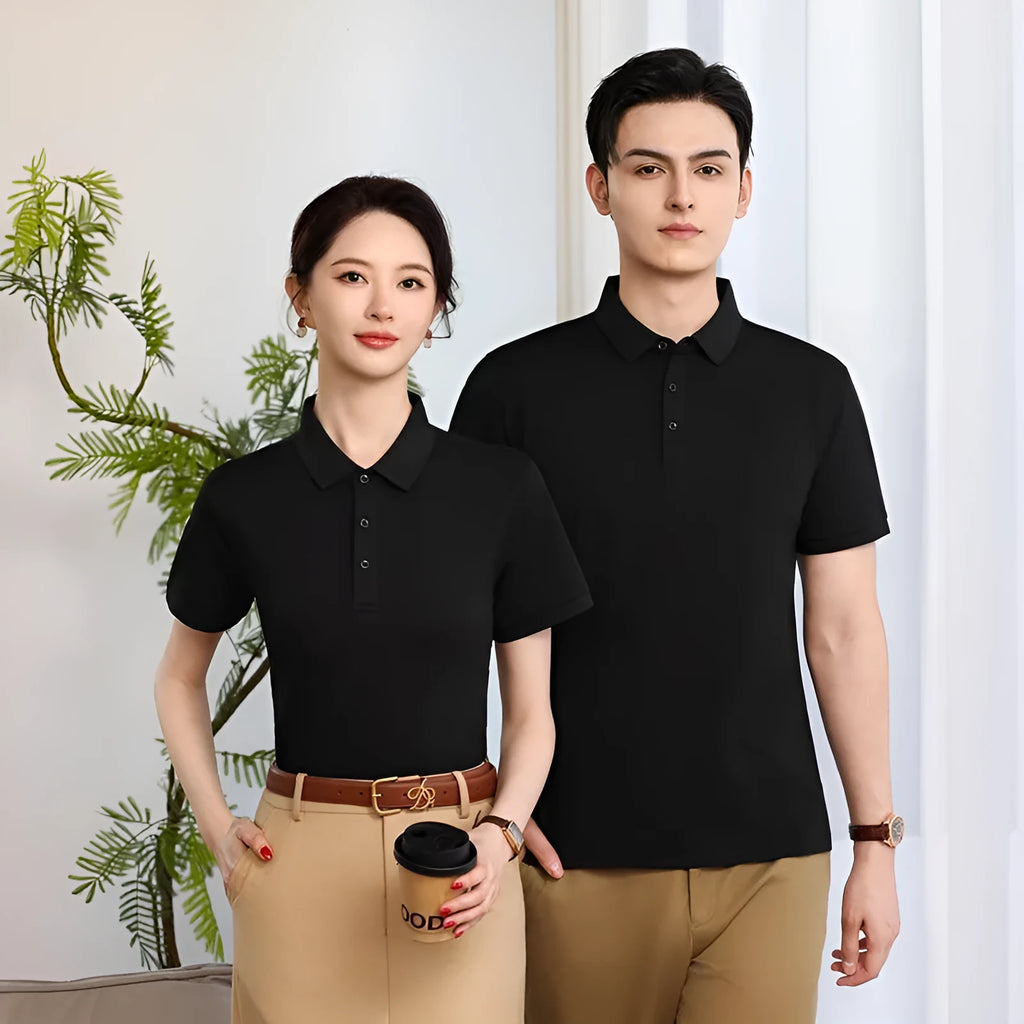 Lapel polo shirt for men and women in Light Blue colour, short sleeve, 100% polyester fabric with side slit