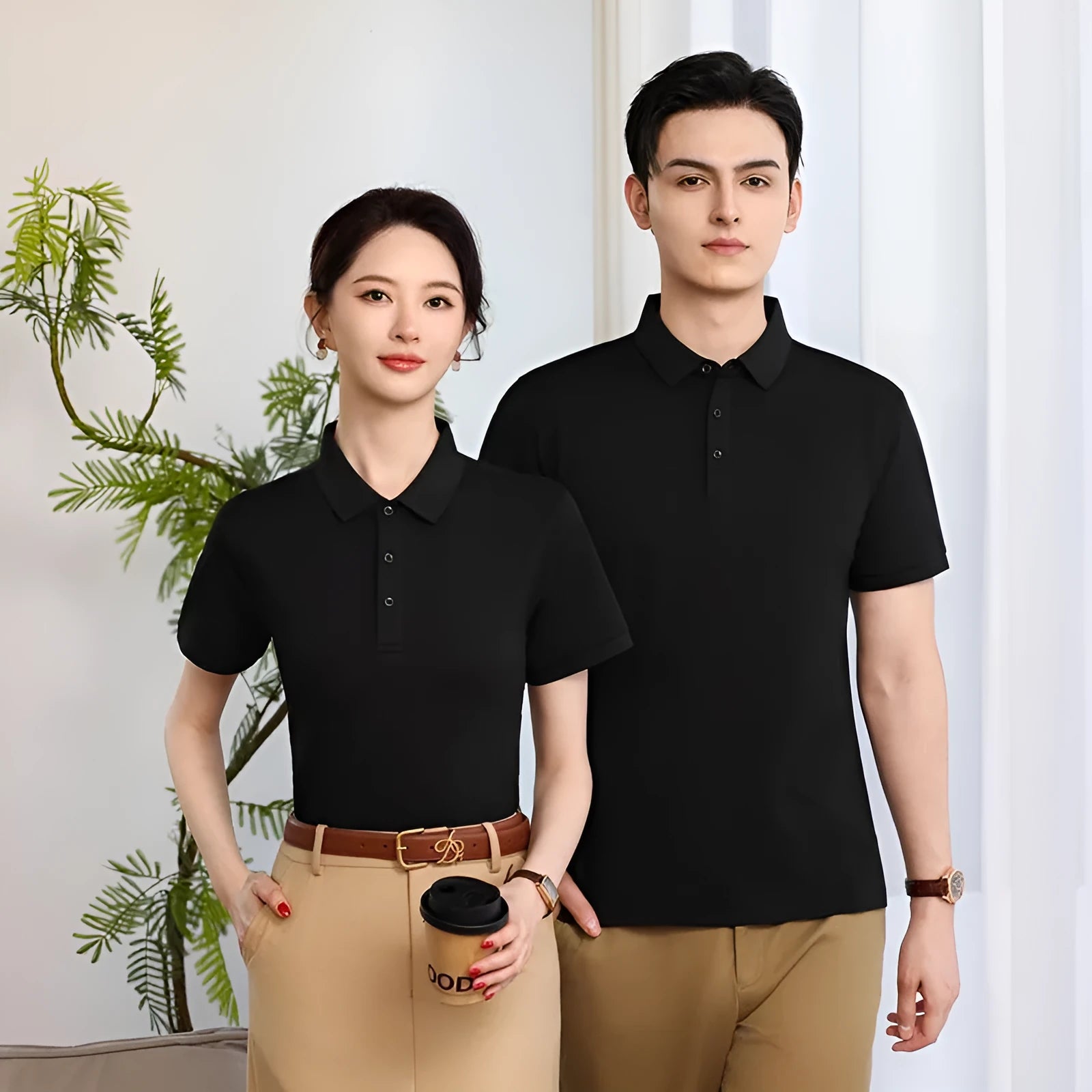 Lapel polo shirt for men and women in Light Blue colour, short sleeve, 100% polyester fabric with side slit