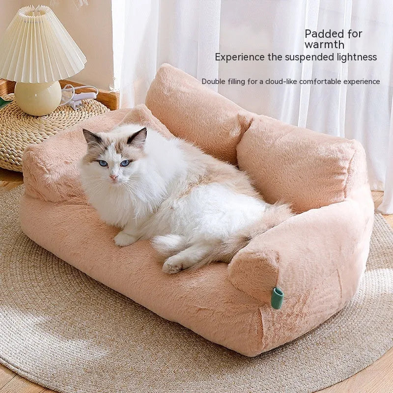 Flannel warm large cat sofa in beige colour with soft plush surface, universal pet kennel design