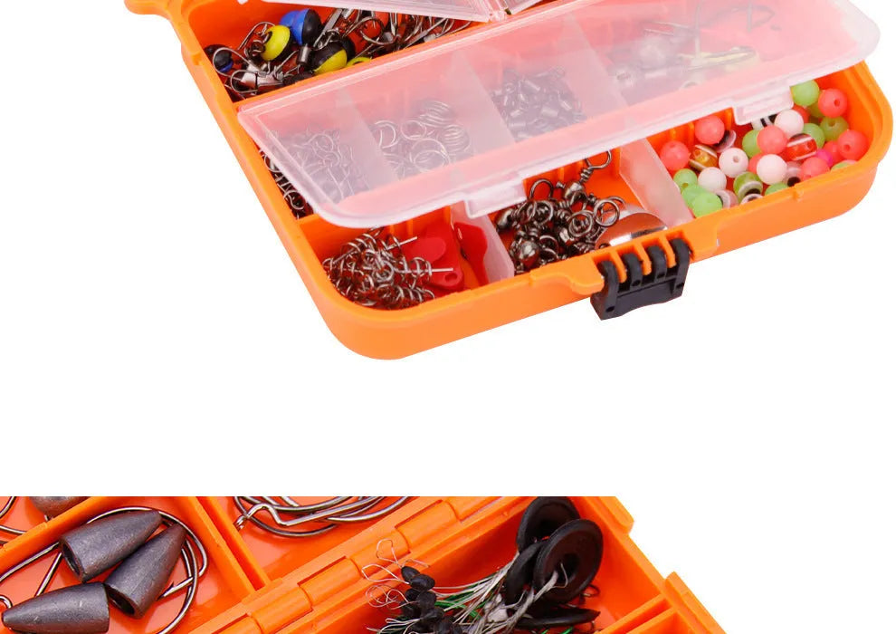 Weihe 257-piece fishing lure accessories set in an orange or black ABS plastic tackle box.