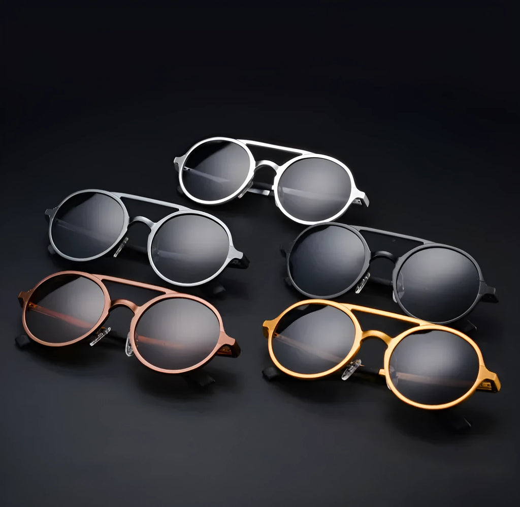 Men's polarised vintage round sunglasses with black aluminium magnesium frame and grey lens
