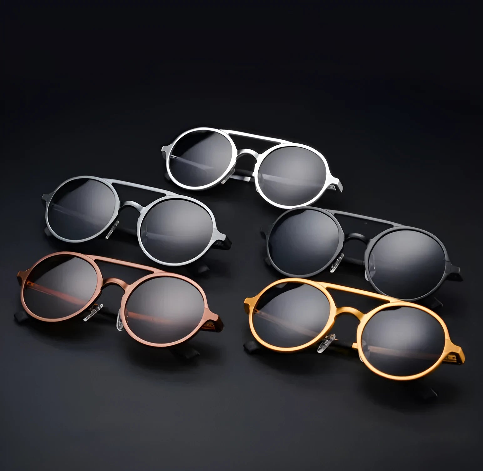 Men's polarised vintage round sunglasses with black aluminium magnesium frame and grey lens