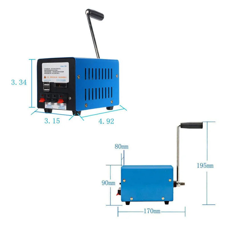 Blue metal hand crank emergency generator with USB port for charging devices