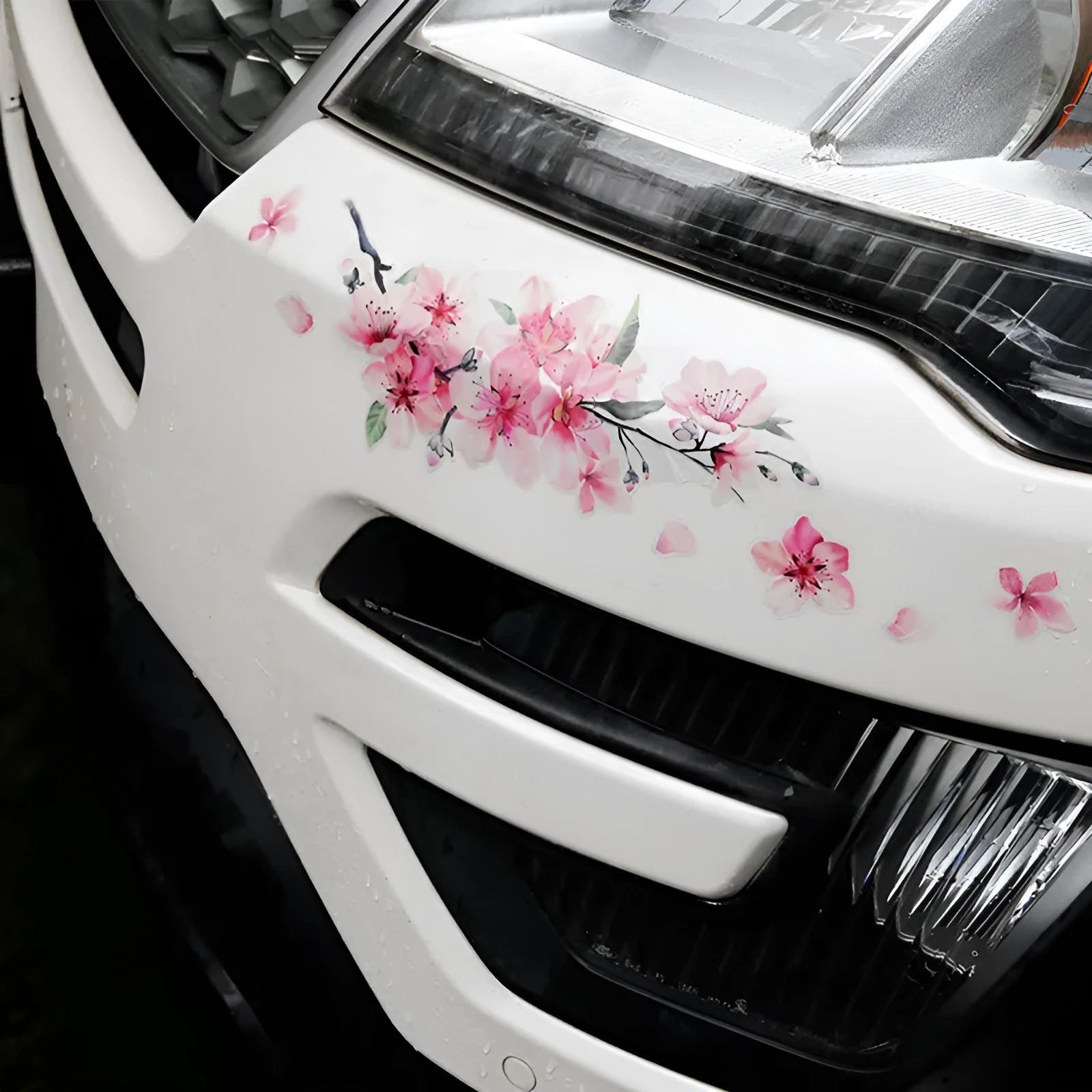 PVC cherry blossom car sticker shown in two size options on a vehicle window.