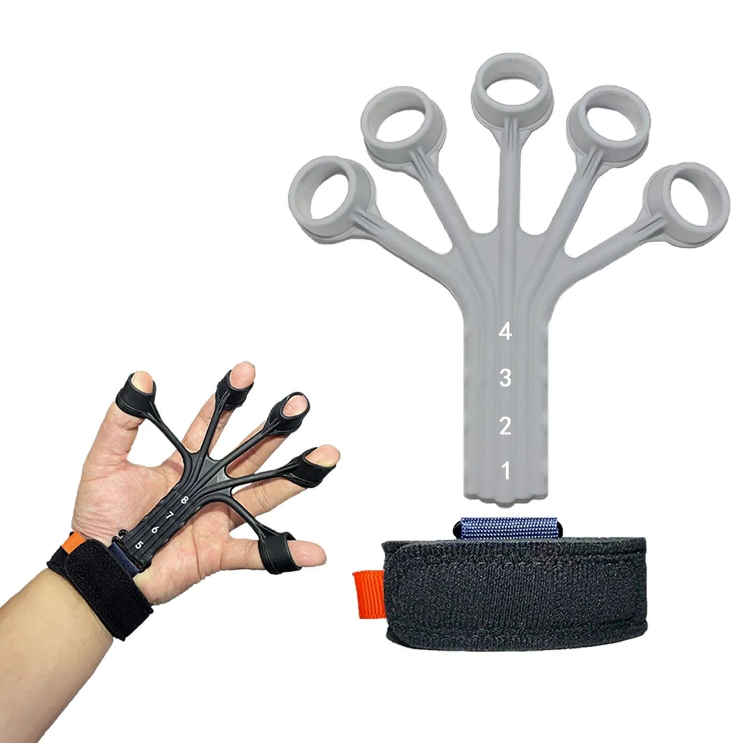 Black and grey silicone finger flexion extension trainer with adjusting belt