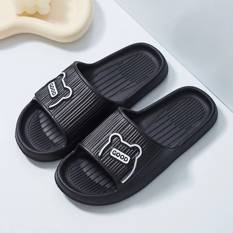Cartoon bear EVA slippers in lemon yellow, open toe, non-slip sole, for bathroom house use