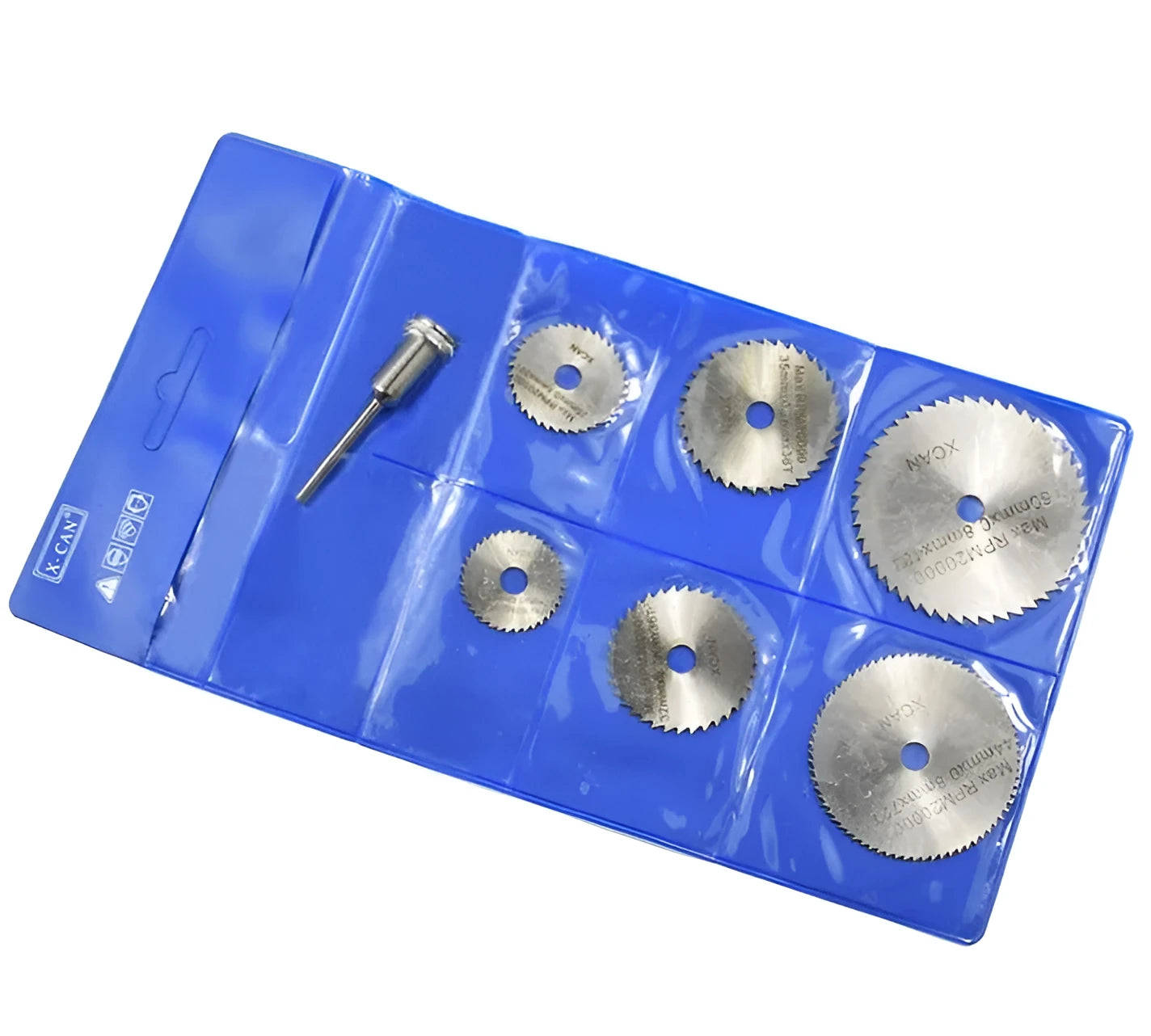 Set of six small circular saw blades with high-speed steel teeth and a 15mm centre hole