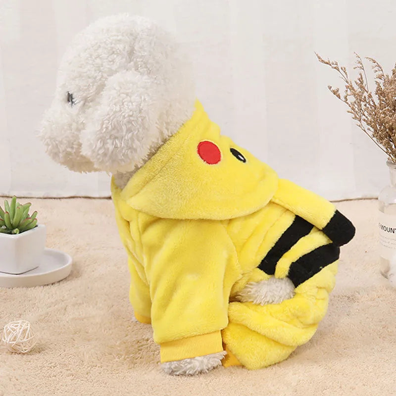 Fleece pet coat with hoodie for cat or dog in cartoon design, shown in size range XS to XXL.
