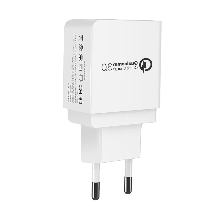 QC3.0 fast charger in bright black with two USB ports, PC fireproof material casing