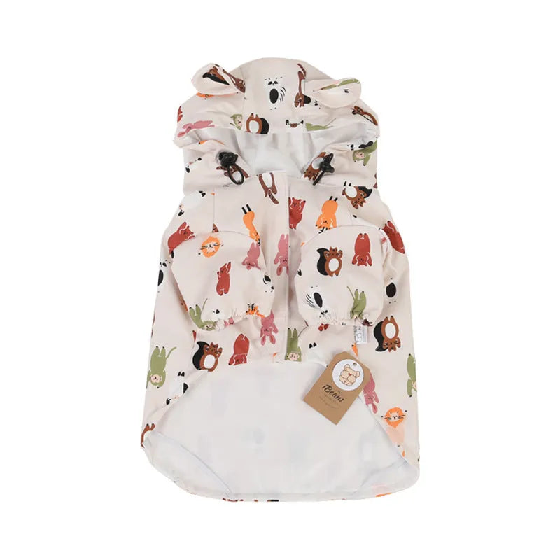 Beige cartoon print dog raincoat with double waterproof PU coating.
