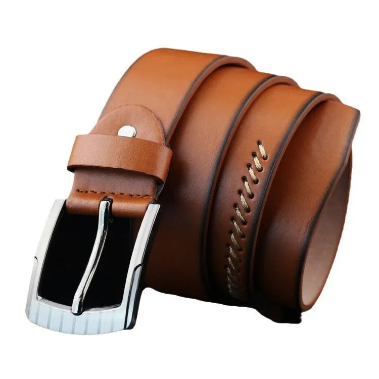 Men's threading casual student pin buckle belt in imitation leather with alloy buckle