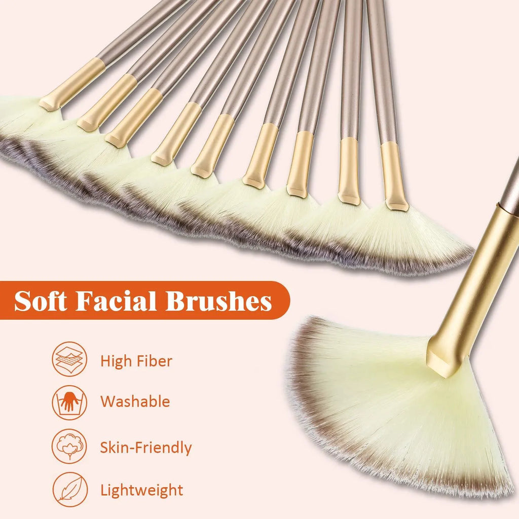 Ten champagne-coloured facial fan brushes with acrylic handles and protective covers.