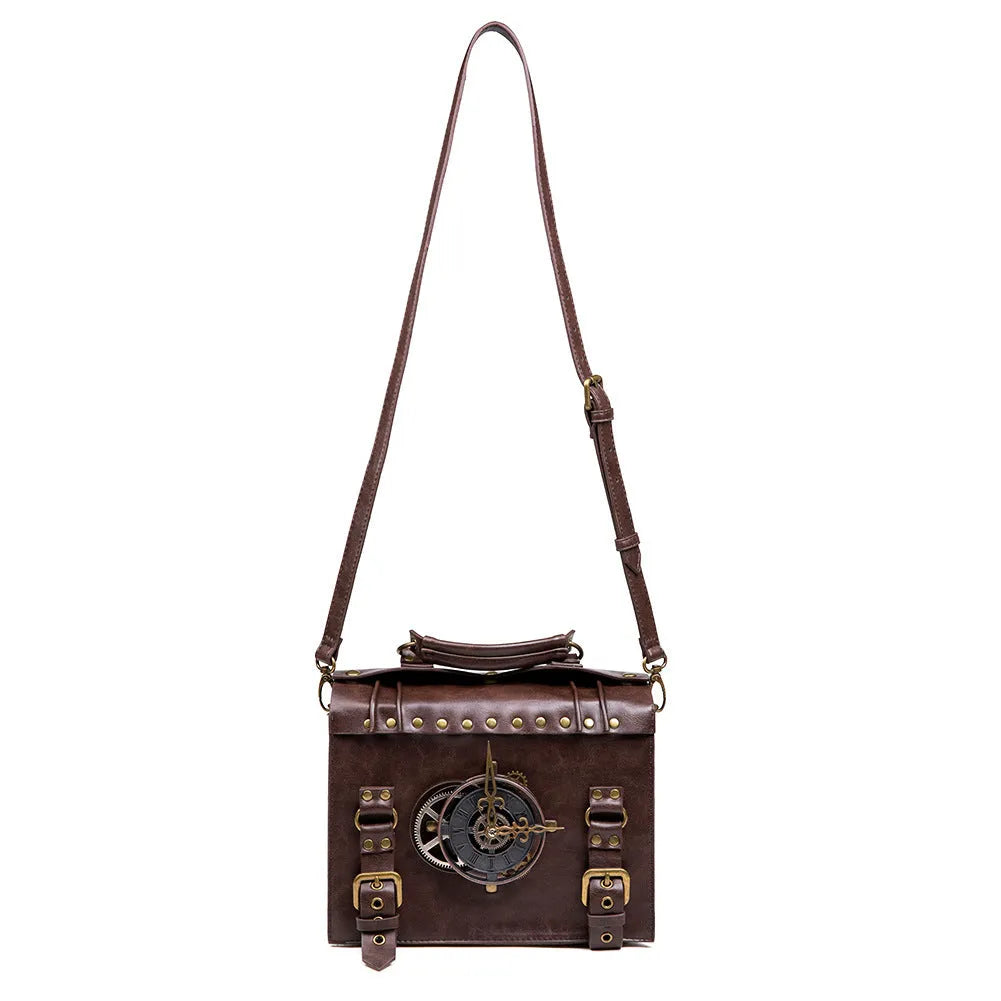 Bronze Steampunk industrial retro style PU leather shoulder bag with metal hardware.