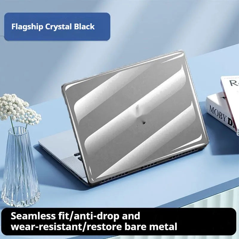 Transparent plastic protective shell for MacBook laptop showing compatible models