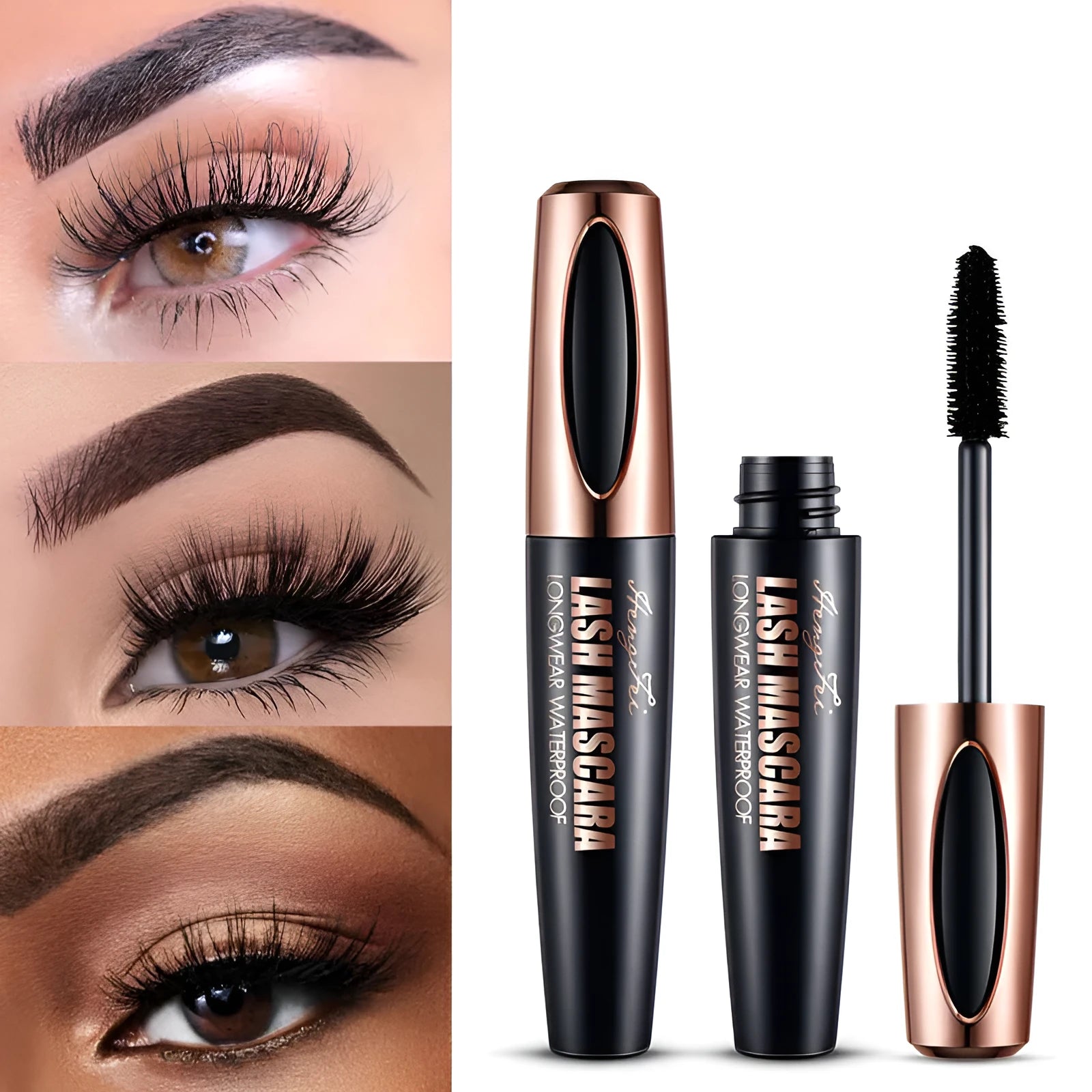 Black waterproof and sweat-proof mascara tube for long curling lashes.