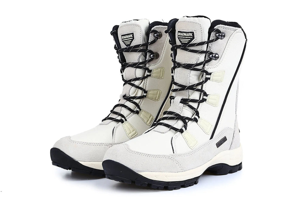Women's genuine leather thermal snow boots in black colour with mid-calf length and round toe design