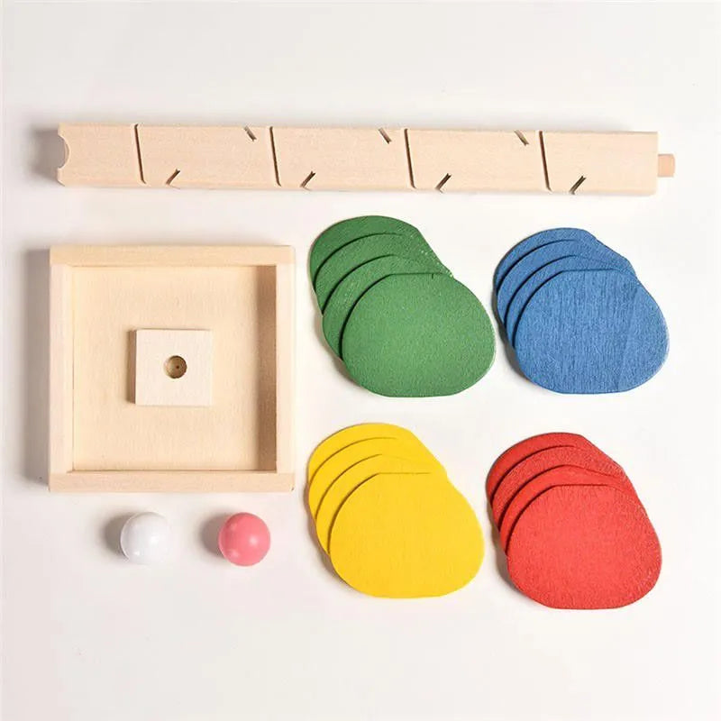 Wooden children's educational tree model with coloured chips and a small ball on top, 21cm tall