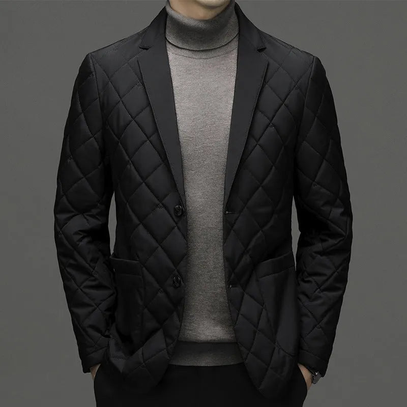 Men's black lapel-style down winter cardigan jacket with side pockets