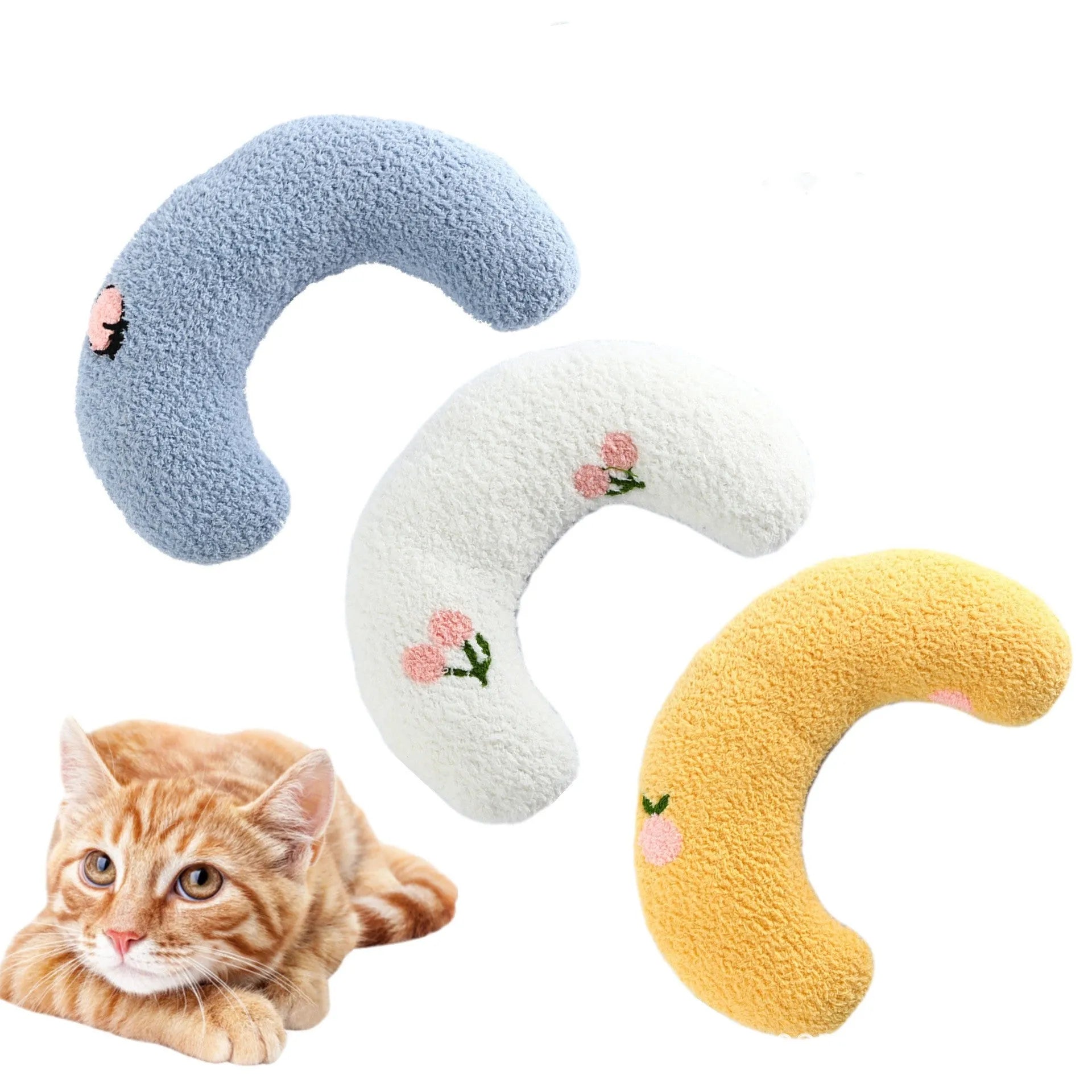 Small half-donut shaped plush pet pillow in blue, showing U-shaped design for cat or small dog neck support.