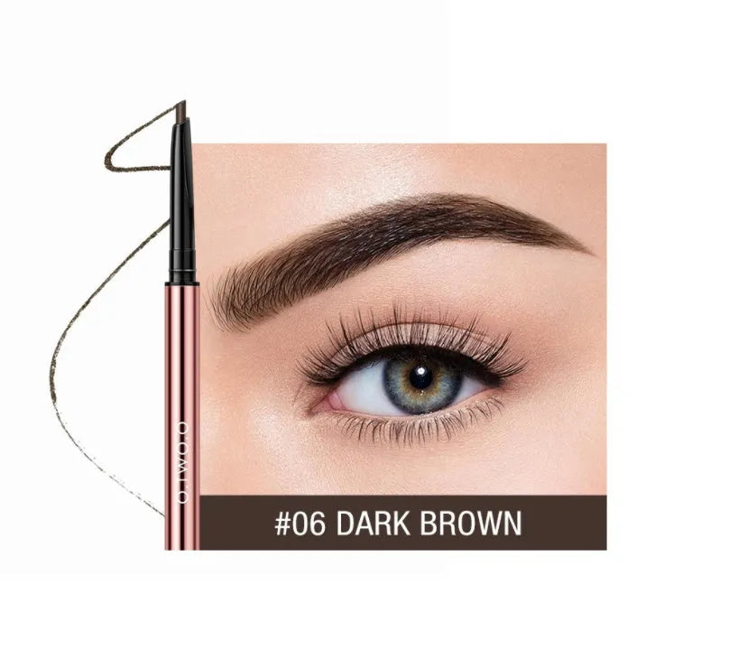 Slim brow makeup pencil in colour box with six shade options: Auburn, Blonde, Caramel, Dark Brown, Soft Brown, Taupe.