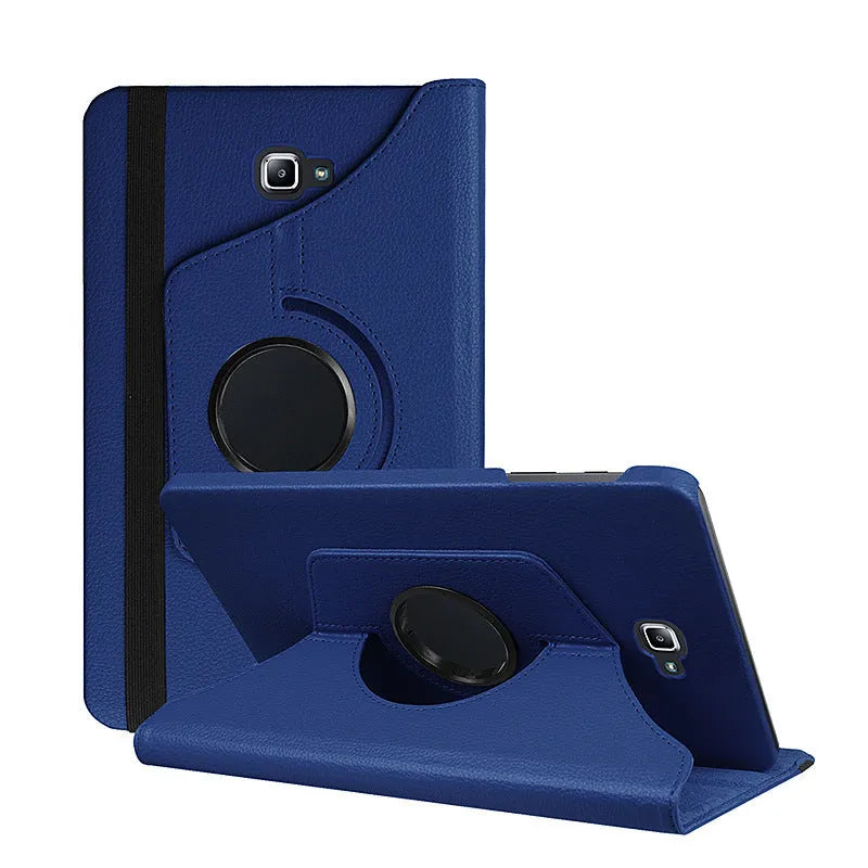 Rotating leather case for T-series tablet showing multiple viewing angles and colour options