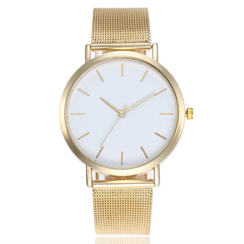 Simple ladies quartz watch with alloy case and stainless steel strap on wrist
