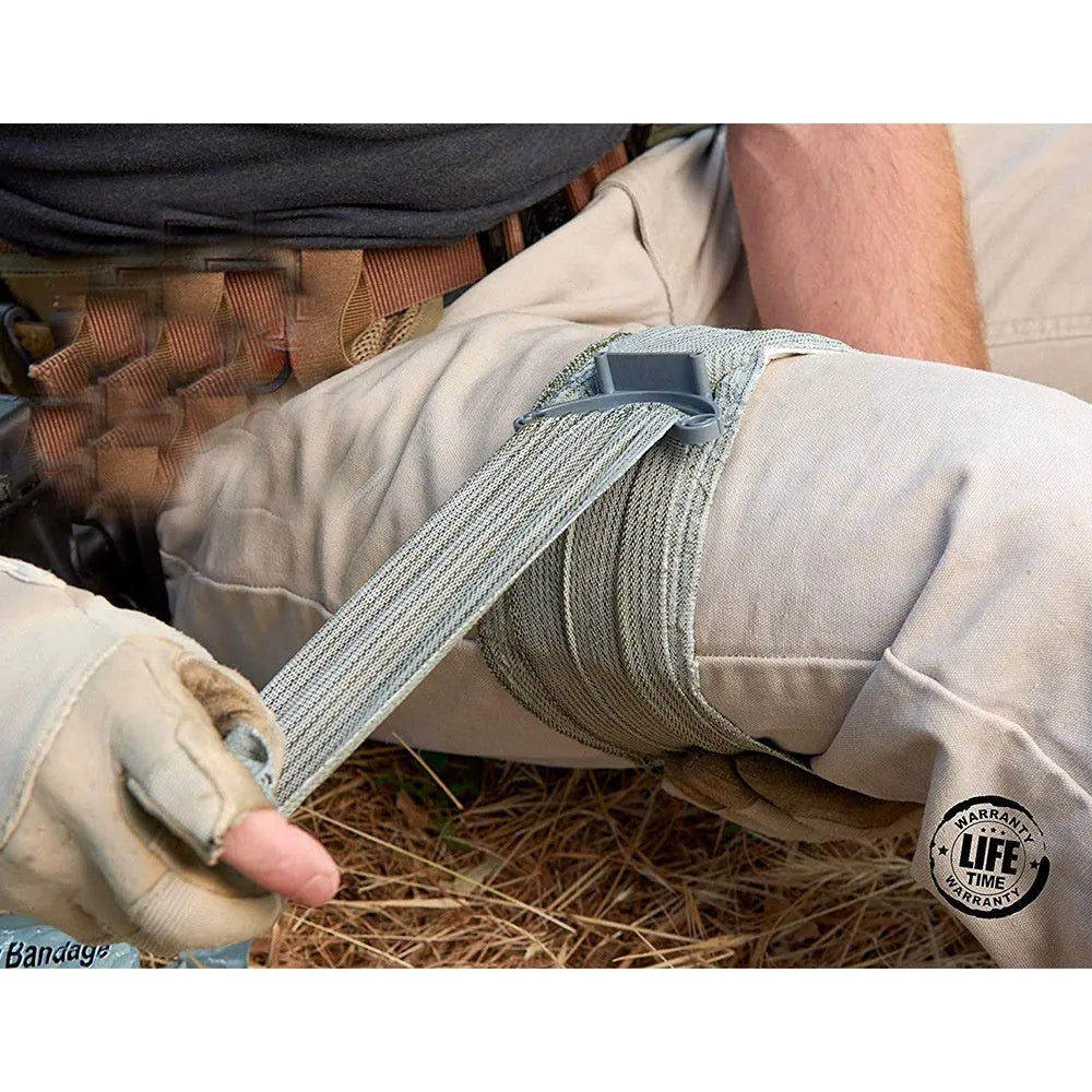 Portable outdoor hemostatic bandage and tactical gauze tape in 4 inch and 6 inch sizes.