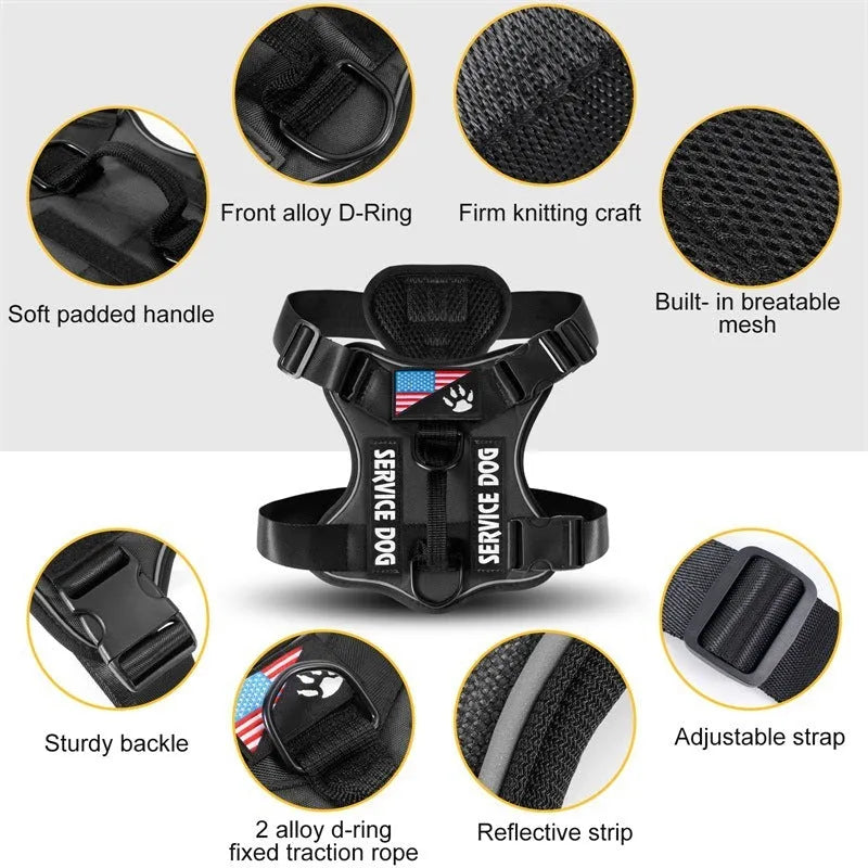 Shock absorption reflective nylon pet tactical chest strap in black with adjustable buckles