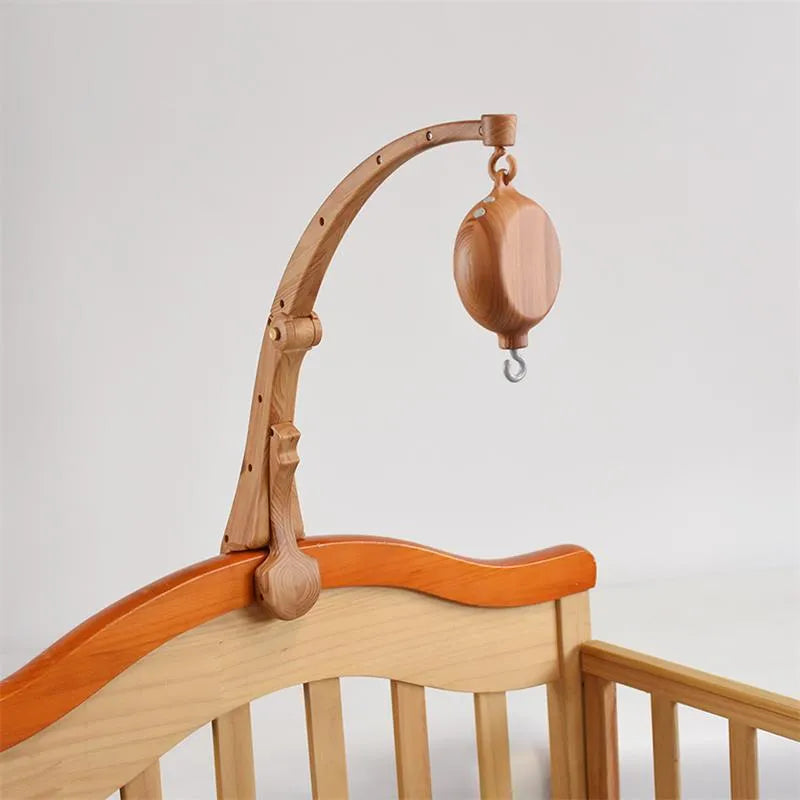 Newborn wood grain bracket music box bed bell in brown, foldable plastic, for infant cot use