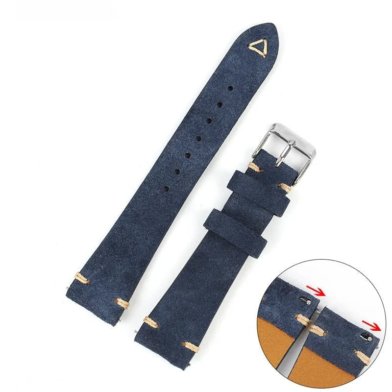 Genuine suede leather watch strap in brown, blue, grey, or Army Green