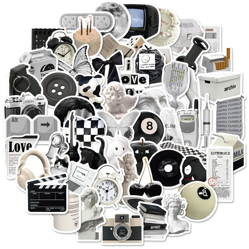61 black and white PVC waterproof stickers for laptops, phones, luggage, and skateboards.