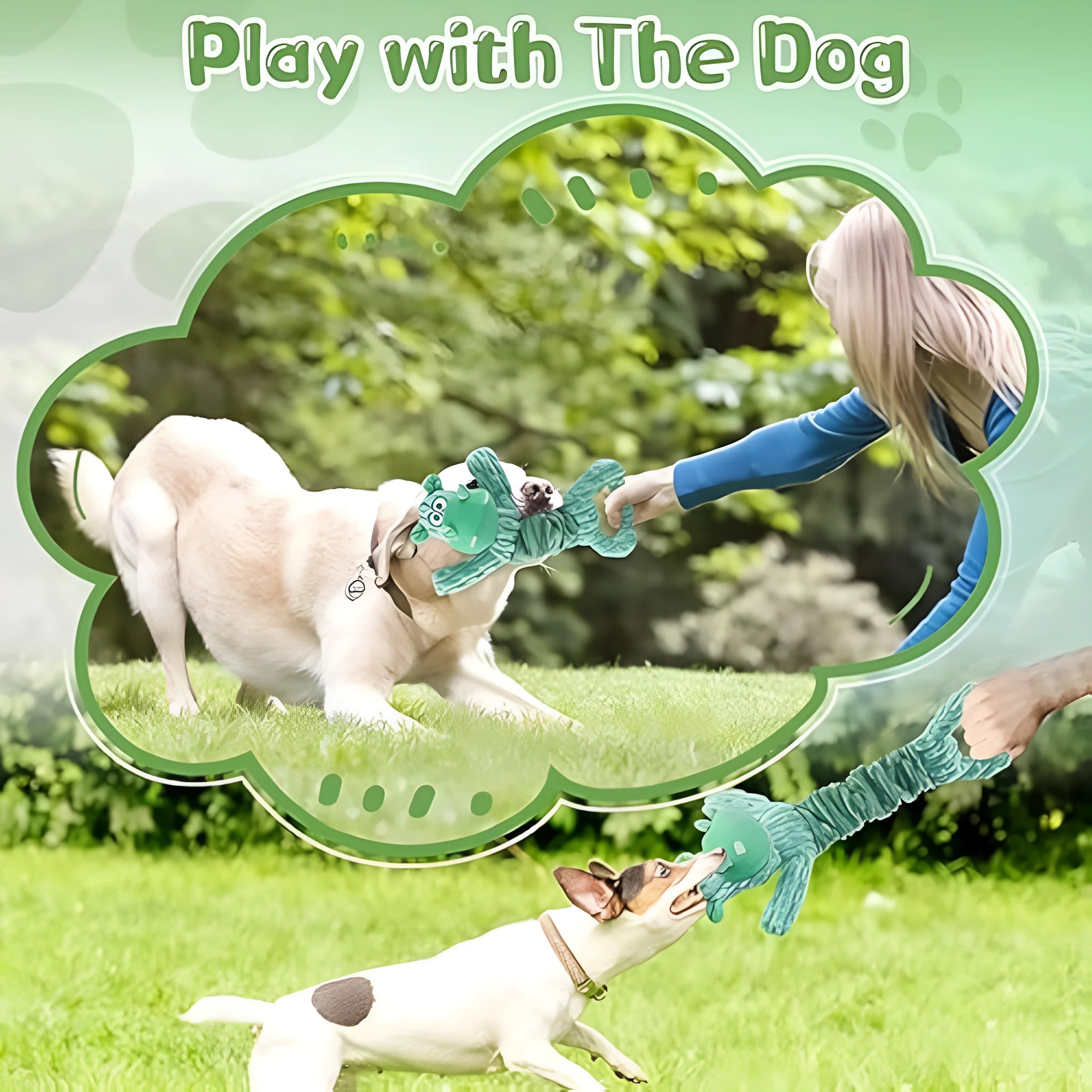 Large blue plush dog toy with handle for tug-of-war play