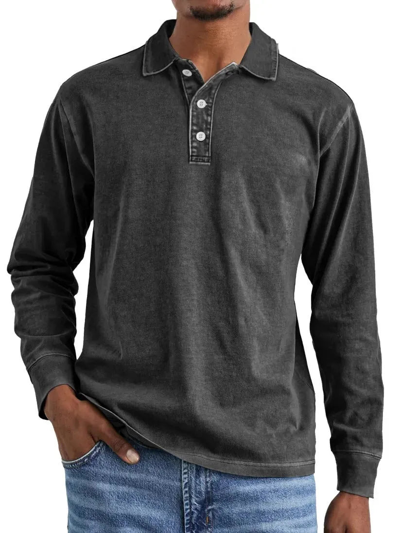 Man's retro washed cotton long sleeve polo shirt with button-up front and lapel collar in various colours.